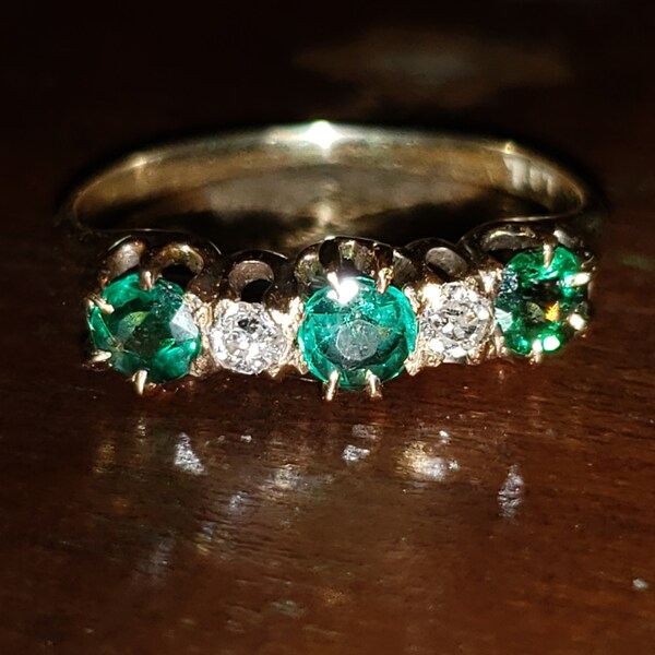 Victorian Garnet and Glass Doublet and Diamond Ring / Green Garnet and Glass Doublet / Antique Diamond and Green Stone Ring