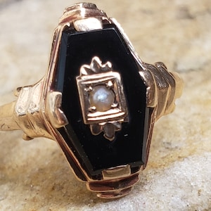 Anillo de damas de ónix y perlas / Anillo de ónix y perlas facetado Art Déco
