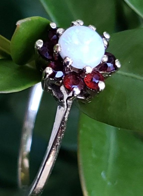 Vintage Garnet and Opal Ring / Natural White Opal… - image 3