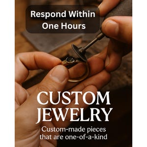 Puede incluir: Primer plano de un joyero trabajando en un anillo de oro con una piedra negra. La imagen incluye el texto "Respond Within One Hours" y "CUSTOM JEWELRY, Custom-made pieces that are one-of-a-kind."