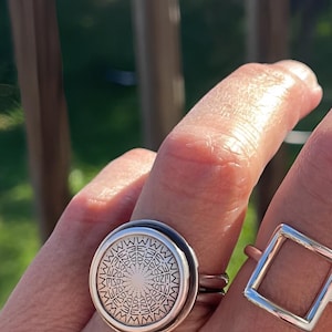 Sterling Silver Mandala Ring – Intricate Round Pattern, Boho Statement Jewelry, Handmade Spiritual Gift