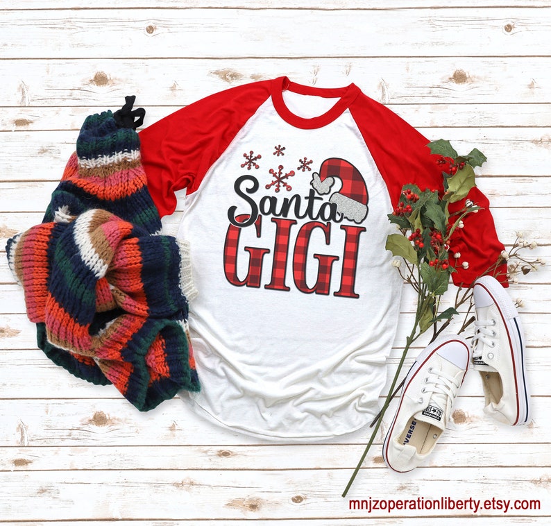 Pregnancy Reveal for Gigi Gigi Christmas Gift Women/'s Holiday Christmas Raglan Shirt with Buffalo Plaid Print and Santa Gigi