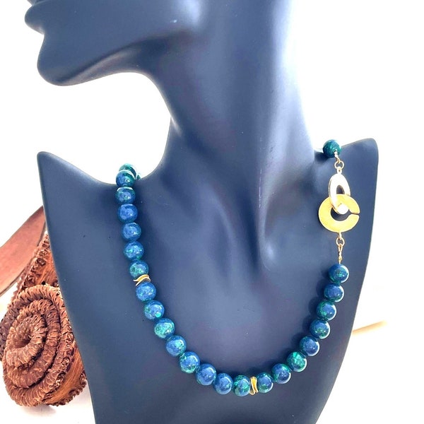 Chrysokol Azurit Halskette, elegant blue Edelstein Schmuck, perfect Accessory for Abendgarderobe, ideal Geburtstagsgeschenk für sie