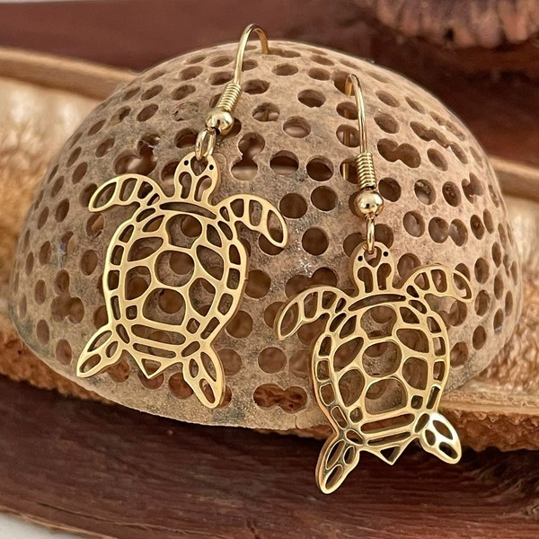 Edelstahl Ohrringe Gold Schildkröte | Ethno Schmuck für Sie | Hängeohrringe süß gold | Boho Schildkröte Ohrringe Edelstahl