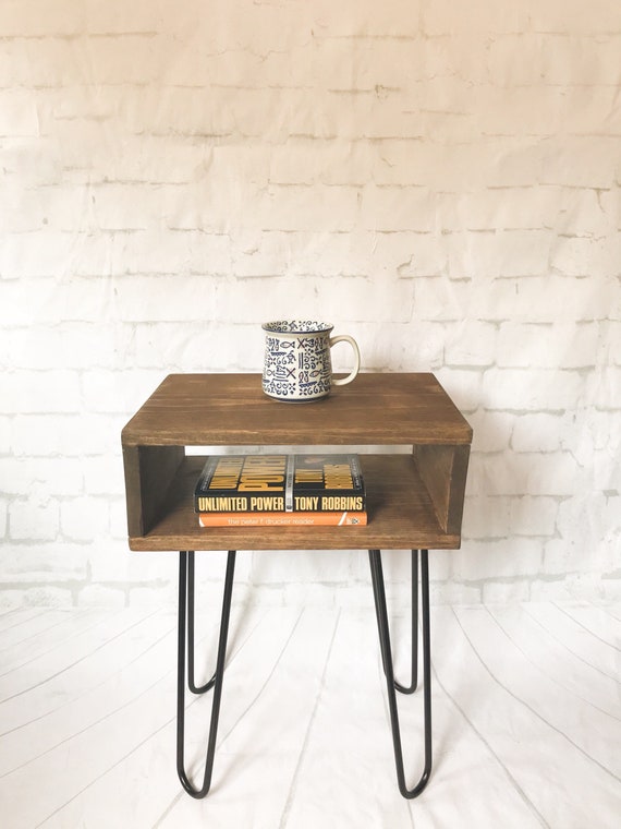 Handmade Mid Century Bed Side Table Nightstand Bedside Small End Tables Modern Industrial Hairpin Night Stand Turntable Vinyl Record