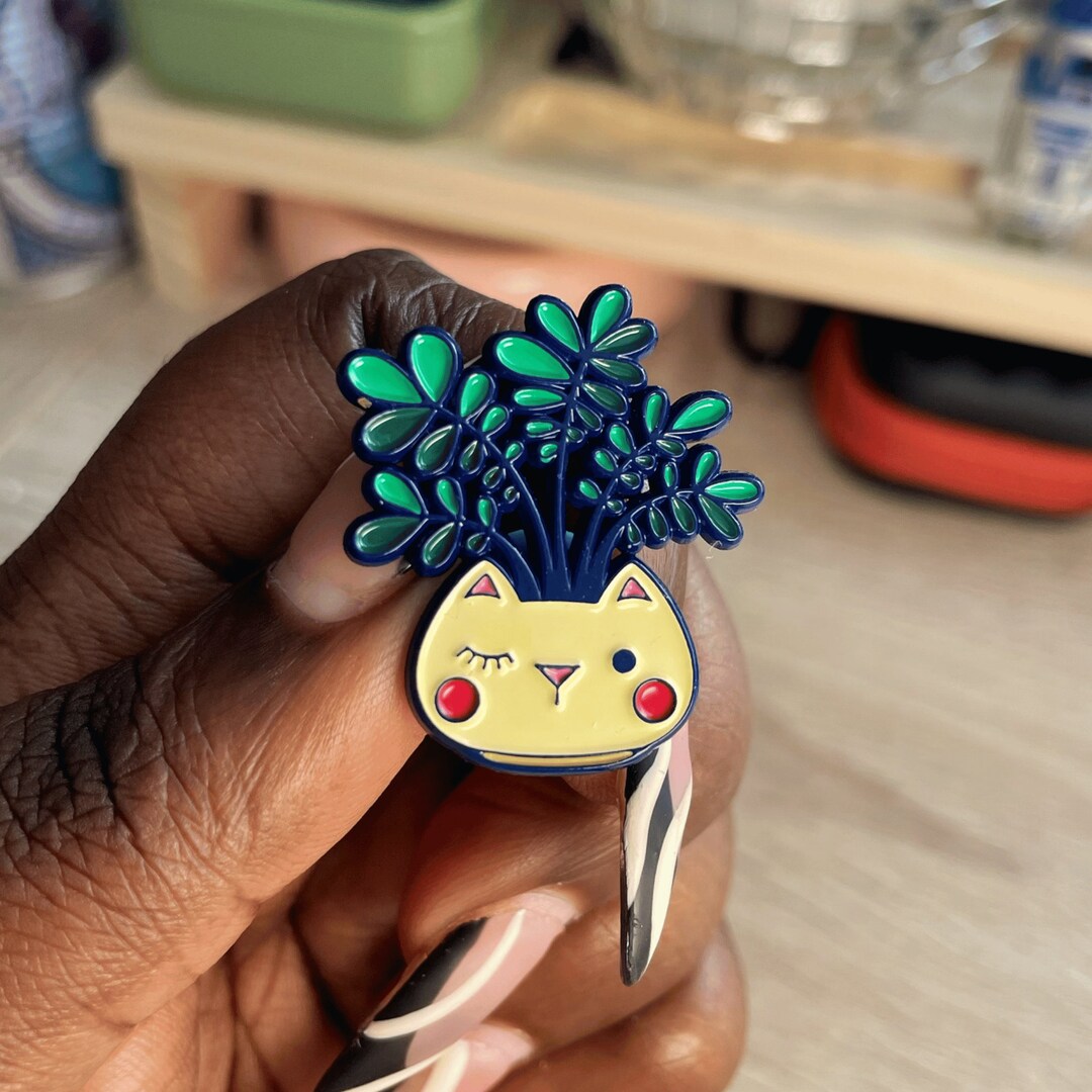 Winking Cat Enamel Pin, Kitty Planter Enamel Pin, Plant Pin, Cat Pin ...