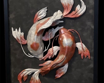 Escultura de koi Yin Yang • Arte de koi mariposa enmarcado • Pieza de pared de bronce