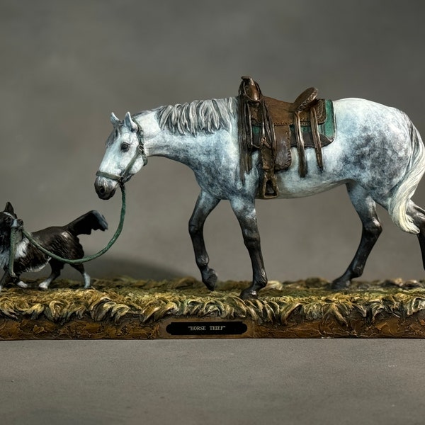 Dog leading horse - bronze sculpture