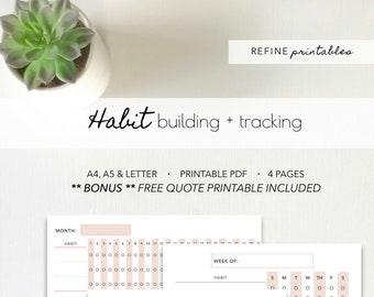 Puede incluir: Un planificador de hábitos imprimible con un diseño en blanco y negro. El planificador incluye un calendario, una sección para enumerar los hábitos y una sección para realizar un seguimiento del progreso. La cita "El secreto de tu futuro está oculto en tu rutina diaria." se incluye en la página.