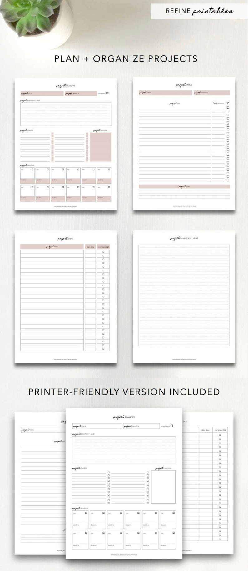 Puede incluir: Un planificador imprimible con cuatro p&aacute;ginas para organizar proyectos. Las p&aacute;ginas incluyen secciones para el nombre del proyecto, la fecha l&iacute;mite, las tareas, las notas y una cuadr&iacute;cula de calendario.
