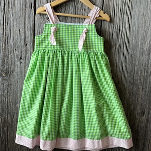 Summer Green Gingham Dress with Pink adjustable ties, Size 6