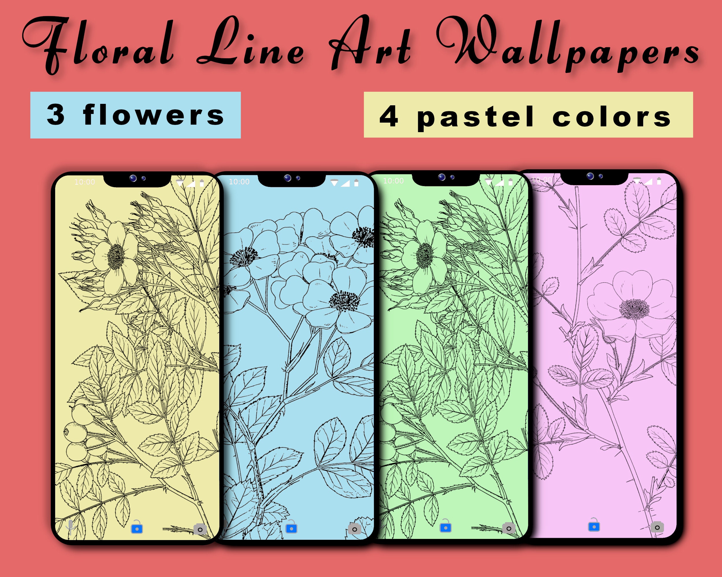 Line Art Phone Wallpaper Floral Line Art Backgroundspastel Etsy