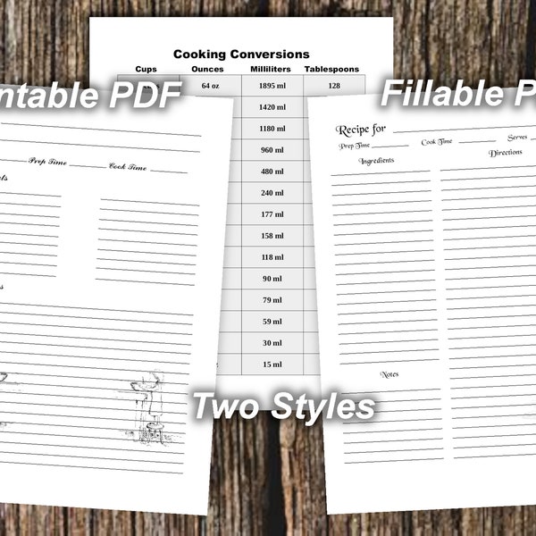 Recipe pages, printable recipe pages, fillable recipe pages, downloadable PDF