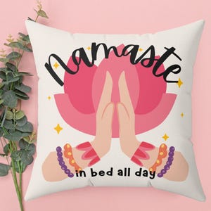Namaste In Bed Pillow Cover, Teal and Beige, Yoga Decor