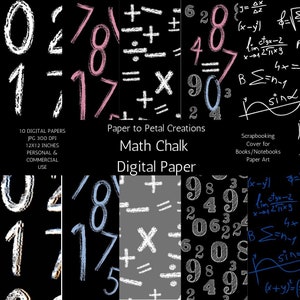 May include: Ten digital papers featuring a black background with white chalk-style numbers, maths symbols, and equations. The papers are 12 inches by 12 inches and 300 DPI.