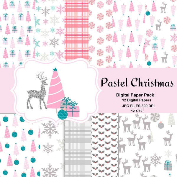 Pastell Weihnachten Digital Paper Pack, süßes Weihnachtsmuster, Weihnachtspapier, rosa und grau, Trend, Basiskarten, Geschenkanhänger, Karten