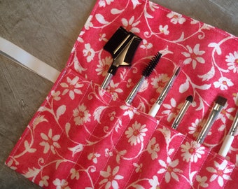Roll-Up Cosmetic Brush Case | Makeup Brush Roll | Pink Floral