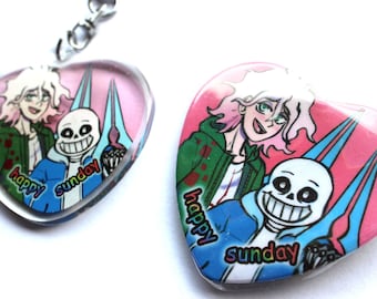 Sansmaeda: Komaeda and Sans wish you a Happy Sunday! Charm and Button