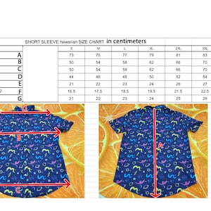 May include: A short-sleeve Hawaiian shirt with a blue background and a colorful pattern. The image includes a size chart in centimeters for the shirt, detailing measurements such as back center, chest, hem, shoulder width, sleeve length, and collar length.