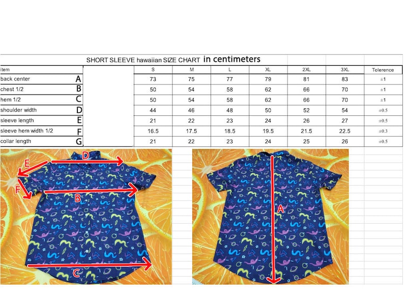 May include: A short-sleeve Hawaiian shirt with a blue background and a colorful pattern. The image includes a size chart in centimeters for the shirt, detailing measurements such as back center, chest, hem, shoulder width, sleeve length, and collar length.