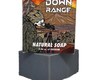 DOWN RANGE Natural Mens Soap, smells like Gunpowder, with Activated Charcoal, and Natural Oils. Compare to Dr. Squatch.  Fast Shipping!