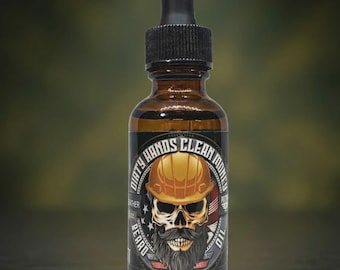 Dirty Hands Clean Money Beard Oil - Leather & Oakmoss Scent - 1oz Heavy Duty Growth Conditioner - 13 Natural Oils for Linemen Blue Collar