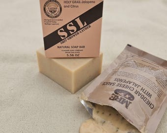 MRE Inspired Soap - Holy Grail Jalapeno Citrus - Funny Veteran Gift for Men - Natural Bar Soap by Flagship Soap Co - 5.56 oz Military Gift