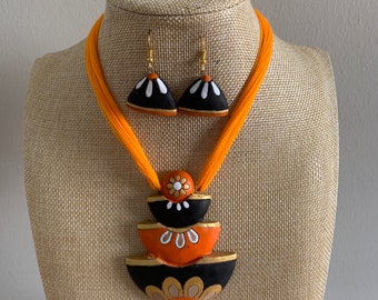 Orange and Black Terracotta Necklace and Earring Set