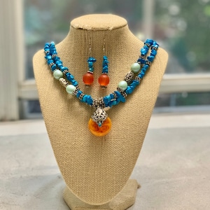 Blue Coral Beaded Necklace with Tibetan Pendant | Boho Tribal Statement Necklace | Handmade Ethnic Jewelry