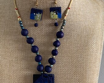 Blue Terracotta Necklace and Earring Set