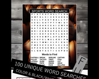 100 Sports Word Search Printable Puzzles, Themed Wordsearch Book Bundle PDF, For Kids, Parties, School Activities, Football, Basketball