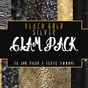 May include: A digital paper pack with 15 JPG files, each 12x12 inches at 300 DPI. The pack features black, gold, and silver glitter, animal print, and geometric patterns.