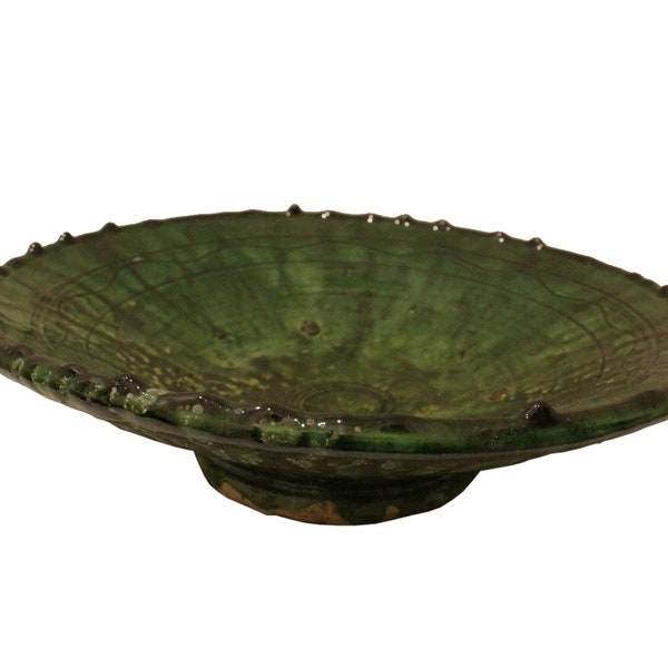 Unique Elegant Tamegroute Pottery TRES GRANDE PLAQUE vert avec motif