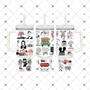 May include: Three white tumblers with black and white images of characters and symbols from the TV show Supernatural. The tumblers have black handles and black lids with straws. The images include the show's logo, the Winchester brothers, and quotes from the show.