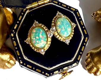 1 Ct Oval Shape Fabulous Simulated Opal Stud Earring, Vintage ART DECO Exquisite Earring For ANNIVERSARY S925/14K/18K