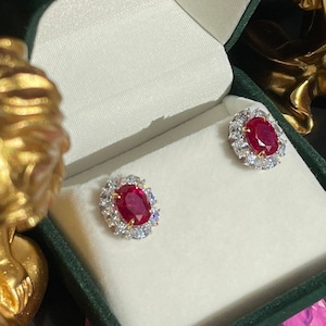 Genuine Lab-Grown Ruby Bio-Color Earring Stud Elegant Oval Shape, Best Bridesmaid Gift Top Quality Fabulous 13x15mm, S925 w 18KGP