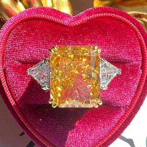 12 Carat Fancy Vivid Yellow Lab Grown Diamond Simulant Ring, Three Stone Radiant Anniversary Ring S925/14k/18K Gold