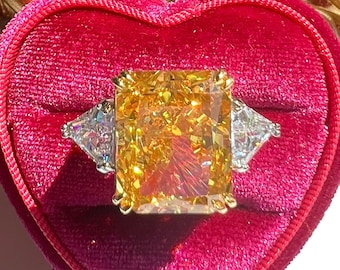 12 Carat Fancy Vivid Yellow Lab Grown Diamond Simulant Ring, Three Stone Radiant Anniversary Ring S925/14k/18K Gold