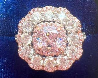 7 Total Carat Fancy PINK Diamond Simulant Halo Ring, Vintage ART DECO Style, Floral Engagement Anniversary Ring S925/ 14K/18k