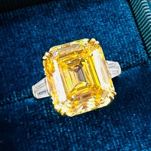 14ct HUGE Luxury Diamond Canary Yellow Radiant Exquisite Jewelry Vintage/Party Queen Style ART DECO design Ring 925 silver w 18KGP