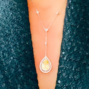 7 Carat Lab Grown Canary Diamond Simulant Necklace, Fancy Yellow Party Queen Long Tail Necklace, Royal and Elegance Gift,925 Sterling Silver