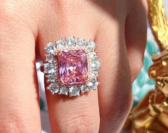 PINK DIAMOND RING, Huge Halo Luxury Pink Sapphire, Engagement Ring, Art Deco, Wedding Ring, Bridal Statement Ring S925 w 18KGP