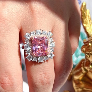 PINK DIAMOND RING, Huge Halo Luxury Pink Sapphire, Engagement Ring, Art Deco, Wedding Ring, Bridal Statement Ring S925 w 18KGP