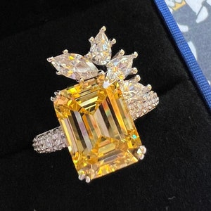 7 Carat Canary Diamond Simulant Ring Vintage Princess Cut Main Stone 16x10mm Victorian Vintage Style Ring S925 w 18KGP