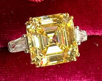5 Carat Asscher Cut Canary Yellow Diamond Ring, Exquisite Vintage ART DECO Style, Engagement Wedding Statement Ring S925/14K/18K