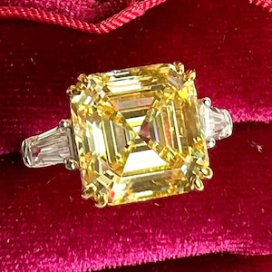 5 Carat Asscher Cut Canary Yellow Diamond Ring, Exquisite Vintage ART DECO Style, Engagement Wedding Statement Ring S925/14K/18K