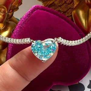 Tennis Necklace Aqua Ocean blue Heart Diamond Necklace, Little Sweetheart, Best Gift for Her, Fancy Ice Aqua Blue Diamond S925 w18KGP