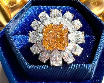 7 Carat Engagement Double Halo Ring Padparadscha Pinky Orange Halo Ring, Exquisite ART DECO Style Engagement Ring, S925/14K/18K Gold