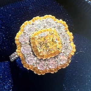 7 Total Carat Fancy Canary Yellow Lab Grown Diamond Halo Ring, Vintage ART DECO Style, Floral Engagement Anniversary Ring S925/ Platinum