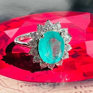 Royal Style Luxury Halo Ring, Ocean Blue Statement Anniversary Ring, Huge Stone Size Ring, Royal Ocean Blue Ring s925 W 18KGP